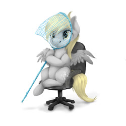 Size: 1024x1024 | Tagged: safe, artist:katemaximova, derpy hooves, pegasus, pony, butterfly net, chair, cute, derpabetes, female, hoof hold, mare, net, office chair, palindrome get, simple background, sitting, smiling, solo, spread wings