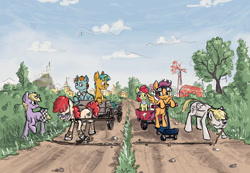 Size: 1280x888 | Tagged: safe, artist:agm, apple bloom, derpy hooves, dinky hooves, scootaloo, snails, snips, sweetie belle, twist, pegasus, pony, cart, cutie mark crusaders, female, mare, ponyville, race, scooter