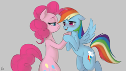 Size: 1222x690 | Tagged: safe, artist:ehfa, derpibooru import, pinkie pie, rainbow dash, earth pony, pegasus, pony, bipedal, blushing, female, flying, heart eyes, holding hooves, lesbian, looking at each other, mare, pinkiedash, shipping, wingding eyes, wings