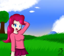 Size: 1280x1124 | Tagged: safe, artist:mechashockwave, pinkie pie, human, colored pupils, expy, humanized, party girl, pony cameo, pony reference, solo, terraria