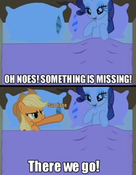 Size: 691x886 | Tagged: safe, edit, edited screencap, screencap, applejack, rarity, earth pony, pony, unicorn, bed, caption, female, image macro, lesbian, mare, pillow