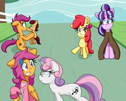 Size: 1000x800 | Tagged: safe, artist:jake heritagu, apple bloom, scootaloo, starlight glimmer, sweetie belle, oc, oc:lightning blitz, pegasus, pony, comic:ask motherly scootaloo, alternate cutie mark, ask post-crusade, baby, baby pony, cloak, clothes, colt, cutie mark crusaders, female, glasses, hairpin, holding a pony, male, mother and child, mother and son, motherly scootaloo, offspring, older, older scootaloo, parent and child, parent:rain catcher, parent:scootaloo, parents:catcherloo, post crusade scootaloo, post-crusade, self paradox, sweatshirt