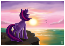 Size: 1024x726 | Tagged: safe, artist:styxlady, derpibooru import, twilight sparkle, cliff, plot, scenery, sun