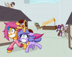 Size: 1000x800 | Tagged: safe, artist:jake heritagu, scootaloo, starlight glimmer, oc, oc:billie, oc:gimmick, oc:lightning blitz, oc:needlework, oc:pepper, earth pony, pegasus, pony, unicorn, comic:ask motherly scootaloo, ask billie the kid, baby, baby pony, cloak, clothes, colt, hairpin, male, motherly scootaloo, my cabbages, offspring, older, older scootaloo, parent:rain catcher, parent:scootaloo, parents:catcherloo, ponies riding ponies, pony hat, sweatshirt