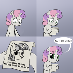 Size: 740x740 | Tagged: safe, derpibooru import, sweetie belle, twilight sparkle, pony, unicorn, bipedal, comic, crossing the memes, dialogue, exploitable meme, female, filly, gradient background, hoof hold, horn, letter, meme, memeception, paper, solo, speech bubble, sweetie's note meme, twiface, two toned hair, two toned mane, vulgar, white coat, wrong neighborhood