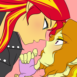 Size: 1000x1000 | Tagged: safe, artist:raika0306, adagio dazzle, sunset shimmer, equestria girls, rainbow rocks, blushing, clothes, female, lesbian, looking at each other, open mouth, shipping, simple background, sunsagio