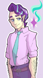 Size: 1092x1976 | Tagged: safe, artist:sl0ne, starlight glimmer, stellar gleam, human, clothes, elf ears, humanized, looking at you, male, necktie, pants, rule 63, shirt, smiling, solo, unicorns as elves