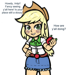 Size: 600x650 | Tagged: safe, artist:livesmutanon, applejack, human, comic:based anon, equestria girls, /mlp/, apple, color, colored, food, humanized, obligatory apple, solo