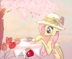 Size: 987x810 | Tagged: safe, artist:inky-pinkie, fluttershy, pegasus, pony, cherry blossoms, flower, hat, scenery, solo, table, tea, teacup