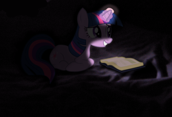 Size: 1962x1339 | Tagged: safe, artist:amiller911, derpibooru import, twilight sparkle, glowing horn, night book, reading, smiling