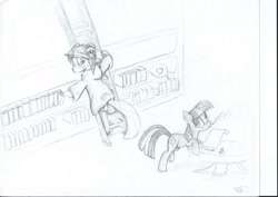 Size: 2338x1654 | Tagged: safe, artist:thadis, derpibooru import, twilight sparkle, oc, book, inkwell, ladder, quill, scroll, traditional art