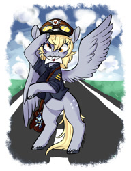 Size: 720x936 | Tagged: safe, artist:techtechno, derpy hooves, pony, bag, bipedal, clothes, cloud, cloudy, goggles, hat, letter, mail, mailbag, mailmare, mailpony, mouth hold, plushie, salute, solo, uniform, unshorn fetlocks