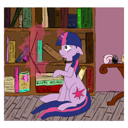 Size: 450x450 | Tagged: safe, artist:vincent-kisaragi, derpibooru import, twilight sparkle, book, collar, inkwell, library, raised hoof, sitting