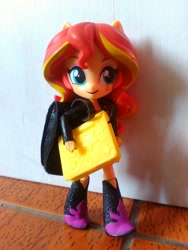 Size: 1944x2592 | Tagged: safe, sunset shimmer, equestria girls, backpack, book, boots, clothes, doll, equestria girls minis, high heel boots, jacket, solo, studying, toy