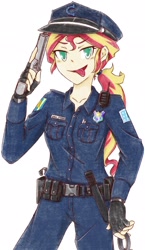 Size: 1190x2048 | Tagged: safe, artist:aka-ryuga, sunset shimmer, equestria girls, belt, clothes, commando shimmer, fingerless gloves, gloves, gun, hat, looking at you, police officer, simple background, solo, tongue out, trigger discipline, weapon, white background