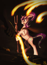 Size: 1000x1387 | Tagged: safe, artist:xaneas, starlight glimmer, pony, unicorn, balrog, bipedal, cape, clothes, crossover, female, fire, floppy ears, lord of the rings, mare, s5 starlight, solo focus, staff, staff of sameness, whip, you shall not pass