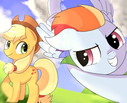 Size: 1024x837 | Tagged: safe, artist:erufi, derpibooru import, applejack, rainbow dash, earth pony, pegasus, pony, duo, flying, smiling, spread wings, windswept mane, wings