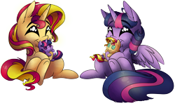 Size: 9757x6012 | Tagged: safe, artist:cutepencilcase, sunset shimmer, twilight sparkle, twilight sparkle (alicorn), alicorn, pony, unicorn, absurd resolution, chest fluff, commission, crush plush, cute, cutepencilcase is trying to murder us, female, lesbian, plushie, self plushidox, shimmerbetes, shipping, simple background, smiling, sunsetsparkle, transparent background, twiabetes, underhoof, ych result