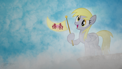 Size: 1920x1080 | Tagged: safe, artist:jamey4, artist:yanoda, derpy hooves, pegasus, pony, banner, cliff, female, mare, solo, vector, wallpaper