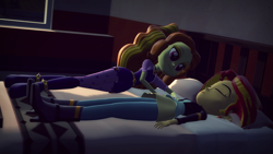 Size: 1920x1080 | Tagged: safe, artist:razethebeast, adagio dazzle, sunset shimmer, equestria girls, 3d, bed, bedroom, clothes, female, lesbian, night, pants, shipping, sleeping, source filmmaker, sunsagio