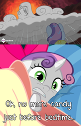 Size: 500x773 | Tagged: safe, rarity, sweetie belle, for whom the sweetie belle toils, somepony to watch over me, caption, hub logo, image macro, meme, raricloud, sweetie belle's nightmare, twitter