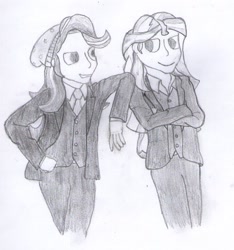 Size: 952x1019 | Tagged: safe, artist:jesterofdestiny, derpibooru exclusive, starlight glimmer, sunset shimmer, equestria girls, beanie, clothes, crossed arms, dress shirt, hand on hip, hand on shoulder, hat, looking at each other, monochrome, necktie, suit, three piece suit, traditional art, vest, waistcoat