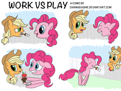 Size: 2048x1536 | Tagged: safe, artist:daringdashie, applejack, pinkie pie, earth pony, pony, comic, inverse tom sawyer, out of character, paintbrush, painting, tom sawyer