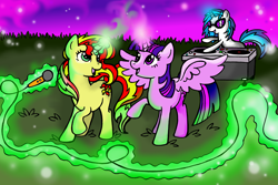 Size: 6344x4240 | Tagged: safe, artist:soulsprite, dj pon-3, sunset shimmer, twilight sparkle, twilight sparkle (alicorn), vinyl scratch, alicorn, pony, absurd resolution, grass field, magic, microphone, open mouth, raised hoof, singing, turntable