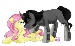 Size: 4200x2574 | Tagged: safe, artist:llacky, fluttershy, king sombra, pegasus, pony, unicorn, armor, colored horn, curved horn, female, horn, looking at each other, lying down, male, mare, shipping, simple background, sombra horn, sombrashy, stallion, straight, transparent background