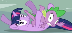 Size: 751x345 | Tagged: safe, derpibooru import, screencap, spike, twilight sparkle, dragon, the ticket master, caught, cropped, derp, faic, not what it looks like, out of context, scrunchy face