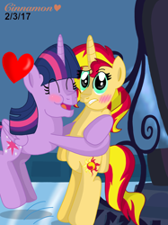 Size: 2048x2732 | Tagged: safe, artist:cinnamon-swirls, sunset shimmer, twilight sparkle, twilight sparkle (alicorn), alicorn, pony, blushing, eyes closed, female, heart, hug, lesbian, looking at you, shipping, sunsetsparkle