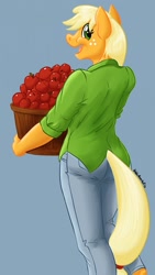 Size: 723x1280 | Tagged: safe, artist:hobbsmeerkat, applejack, anthro, apple, food, simple background, solo