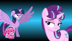 Size: 1356x772 | Tagged: safe, starlight glimmer, twilight sparkle, twilight sparkle (alicorn), alicorn, pony, unicorn, do princesses dream of magic sheep, the cutie re-mark, cutie mark, logo, meme, my little pony logo, wow! glimmer, yu-gi-oh!, yu-gi-oh! gx