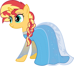 Size: 1127x1001 | Tagged: safe, artist:cloudyglow, sunset shimmer, pony, clothes, clothes swap, contrast, cosplay, costume, cute, disney, dress, elsa, frozen (movie), irony, not fiery shimmer, simple background, smiling, solo, transparent background, vector