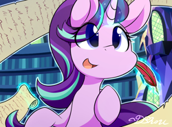 Size: 500x369 | Tagged: safe, artist:dshou, starlight glimmer, pony, unicorn, cute, eye clipping through hair, female, glimmerbetes, levitation, library, magic, mare, open mouth, quill, scroll, smiling, solo, telekinesis, twilight's castle