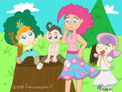 Size: 600x450 | Tagged: safe, artist:airy-f, pinkie pie, pound cake, pumpkin cake, sweetie belle, human, clothes, dress, humanized, light skin, overalls