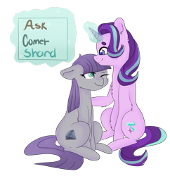 Size: 969x1001 | Tagged: safe, artist:ask-cometshard, maud pie, starlight glimmer, earth pony, pony, unicorn, blushing, duo, eyebrows, female, glowing horn, lesbian, shipping, smiling, starmaud, wrong cutie mark