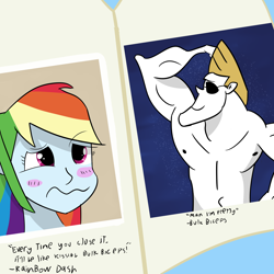 Size: 5000x5000 | Tagged: safe, artist:artiks, derpibooru import, bulk biceps, rainbow dash, better together, equestria girls, forgotten friendship, absurd resolution, blushing, johnny bravo, photo, scene interpretation, yearbook, yearbook photo