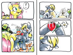Size: 1000x763 | Tagged: safe, artist:mittymandi, derpy hooves, fluttershy, pegasus, pony, comic:derpyquest, 24-hour comic day, apple, comic, crying, female, flower, fountain, mare, pictogram, pun, sad, traditional art, visual pun