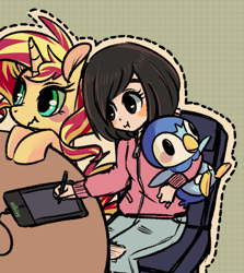 Size: 650x730 | Tagged: safe, artist:phyllismi, sunset shimmer, human, unicorn, artist, blushing, cute, drawing, duo, piplup, pokémon, scrunchy face, shimmerbetes, simple background