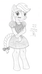 Size: 755x1317 | Tagged: safe, artist:limpurtikles, applejack, anthro, unguligrade anthro, clothes, dress, frilly dress, monochrome, solo, traditional art