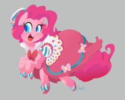 Size: 2425x1940 | Tagged: safe, artist:twitchykismet, pinkie pie, earth pony, pony, clothes, colored pupils, dress, gala, gala dress, gray background, open mouth, simple background, solo