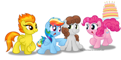 Size: 1600x793 | Tagged: safe, artist:aleximusprime, derpibooru import, pinkie pie, rainbow dash, spitfire, oc, oc:dreamer, earth pony, pegasus, pony, birthday, birthday cake, cake, rainmer, simple background, transparent background