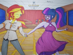 Size: 1024x779 | Tagged: safe, artist:missmayaleanne, sci-twi, sunset shimmer, twilight sparkle, equestria girls, alternate costumes, breasts, clothes, cute, dancing, dress, eyes closed, female, headlight sparkle, holding hands, lesbian, musical instrument, one eye closed, piano, saxophone, scitwishimmer, shipping, smiling, sunsetsparkle, twiabetes