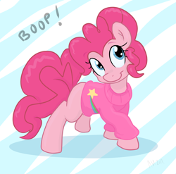 Size: 1064x1053 | Tagged: safe, artist:pippy, pinkie pie, earth pony, pony, boop, clothes, cosplay, costume, crossover, cute, diapinkes, female, gravity falls, mabel pines, mare, pinkiepieskitchen, solo, sweater
