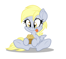 Size: 3548x3187 | Tagged: safe, artist:dfectivedvice, artist:gladosthepotatopony, derpy hooves, :p, colored, cute, derpabetes, filly, happy, muffin, simple background, solo, tongue out, transparent background, underhoof, vector