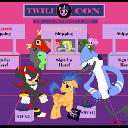 Size: 900x900 | Tagged: safe, artist:brodogz, derpy hooves, flash sentry, twilight sparkle, twilight sparkle (alicorn), oc, alicorn, human, pony, bag, commission, convention, crossover, female, imminent murder, mare, mordecai, regular show, shadow the hedgehog, sonic the hedgehog (series)