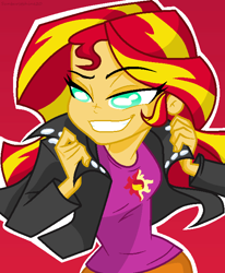 Size: 564x684 | Tagged: safe, artist:sunburstshine20, sunset shimmer, equestria girls, rainbow rocks, clothes, credits, jacket, leather jacket, shine like rainbows, solo