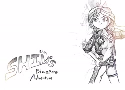 Size: 1920x1384 | Tagged: safe, artist:potatobug, derpibooru exclusive, sunset shimmer, equestria girls, daydream shimmer, ear piercing, grayscale, jojo's bizarre adventure, monochrome, piercing, solo, stand, traditional art