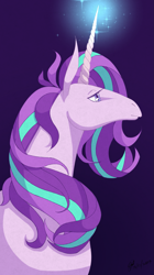 Size: 1121x2000 | Tagged: safe, artist:star-dragon-art, starlight glimmer, pony, unicorn, black background, bust, female, glowing horn, mare, profile, simple background, solo, style emulation, the last unicorn